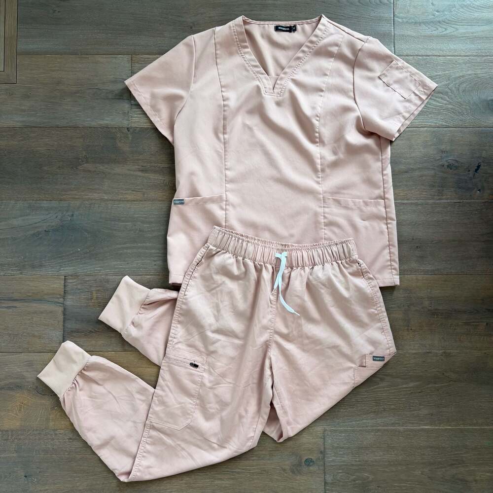 NiaaHinn Womens XL Blush Pink V-Neck Scrub Top and Jogger Pant Set